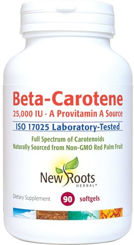 NEW ROOTS HERBAL Beta-Carotene 25,000 IU Supplements | Vitamin A (90 Softgels) | Full Spectrum of Carotenoids | Naturally Sourced from Non-GMO Red Palm Fruit + Organic Flax Seed Oil