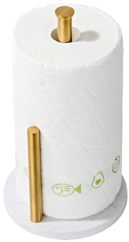 Brushed Gold Paper Towel Holder,Stainless Steel Paper Towel Holder for Kitchen Roll Organize, Standard or Jumbo-Sized Roll Paper, Countertop Roll Dispenser with Marble Base