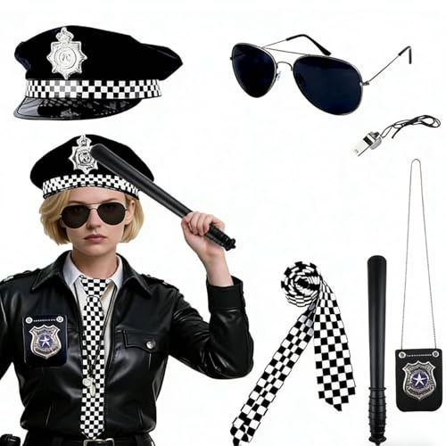 Bingqiling 7pcs Police Costume Accessories- Cop Accessories for Women Men, Hat Handcuffs Sunglasses Badge Tie Baton Whistle, Outfit Fancy Dress Equipment Kids Adult Halloween