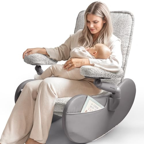 MAMAZING Lullabud Nursery Rocking Chair Glider with Adjustable Armrests for Breastfeeding, Upholstered Nursing Chair with Removable Cover (Grey/Grey)