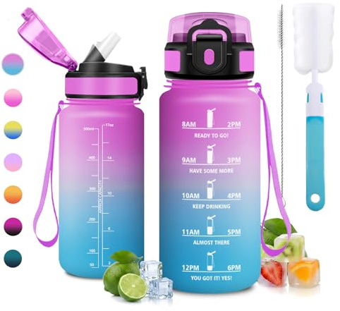 JAPORIA Gourde 500ml, sans BPA, Réutilisable, Gourde avec Paille, Bouteille Motivation, Bouteille avec Marqueur de Temps, Facile Nettoyage, pour École, Bureau, Randonnée