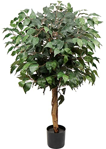 Kunstpflanze Groß Kunstbaum Ficus Benjamini Künstliche Pflanze Baum mit Echtholzstamm Ideal für die Innendekoration Grün