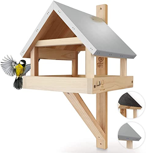 wildtier herz I XL Vogelhaus für die Wand mit wetterfestem Metall-Dach aus Massiv-Holz I Wandvogelfutterhaus für Vögel, Vogelfutterhaus zum Aufhängen (Silber)