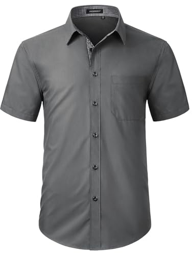 HISDERN Chemise à Manches Courtes pour Homme Grise décontractée d'été Chemise Classique à Coupe régulière avec Poches, Gris,L