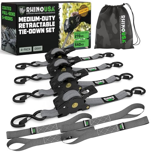 Rhino USA Retractable Ratchet Straps (4-Pack) - 1in x 10ft, Gray