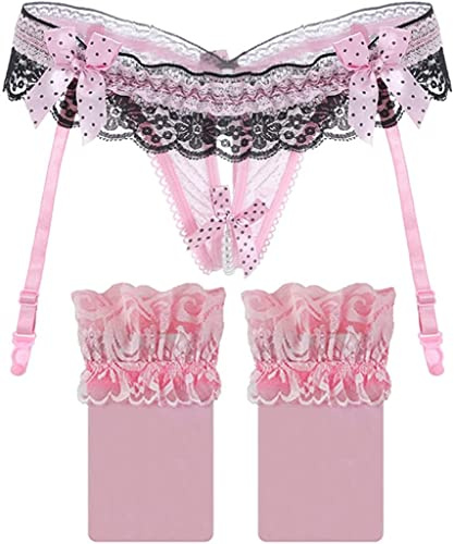 Sexy Floral Lace Garter Belt with Stockings Set Low Waist Hosiery Thong Open Design Underwear 3 Pieces Women Lingerie Set (Pink, One Size)