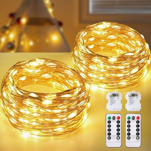 Guirlande Lumineuse,[2 Pièces]12M 120 LED 8 Modes, Minuterie Dimmable avec Télécommande, IP65 Étanche Fil Cuivre Fairy Lights Pile, Blanc Chaud,pour Intérieure Extérieure, Chambre,Maison,Jardin,Noël