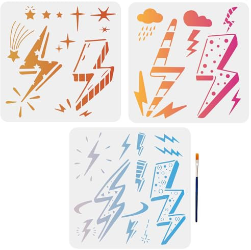 MAYJOYDIY 3 st blixtbult stencil mörkt moln regn stjärna natur väder storm ritning mallar 11,8 × 11,20 cm med färgborste på vägg trä glastyg papper