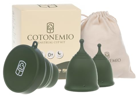 Cotonemio Menstruationstassen-Set Mit Sterilisator (4er-Pack), Größe XS & S 100% Medizinisches Silikon Nachhaltig Ohne BPA,Plastikfrei Bis Zu 12 Stunden(Menstruationstasse,Sterilisator,Baumwollbeutel)