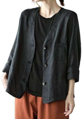 Mywinway Leinenblazer, Damen, Sommer, Frühling, Baumwolle, leicht, lässig, mit Knopfleiste, übergroßer Blazer, Schwarz, M