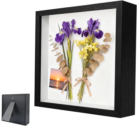 3D Marco de Fotos, Marco de Fotos Profundo para Rellenar 20 x 20 cm, con Placa Acrílica Transparente, Marco de Objetos 3D más Profundo 3cm, para Objetos, Flores, Regalo de Boda, Negro