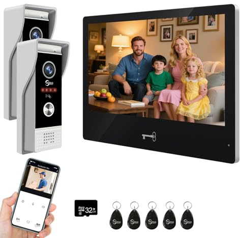 Sistema de videoportero con cable,monitor táctil de 10 pulgadas con cámara de timbre HD 1080P,kit de interfono para apartamento, desbloqueo con tarjeta RFID (2 Timbres + 2 Monitores)