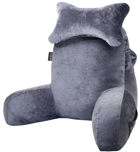 SLIGUY Almohada de lectura para sentarse en la cama, sofá para adultos, almohada de espalda con soporte para brazos y bolsillos, almohada de espalda para adultos para reposo en cama, leer, ver la