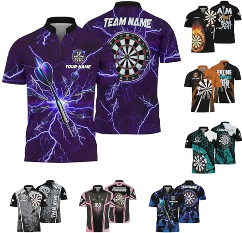 GIFORAL Men's Casual Dart T-Shirt with Customizable Name Print Dart Arrow and Purple Lightning Pattern 1/4 Zip Jersey for Darts Team
