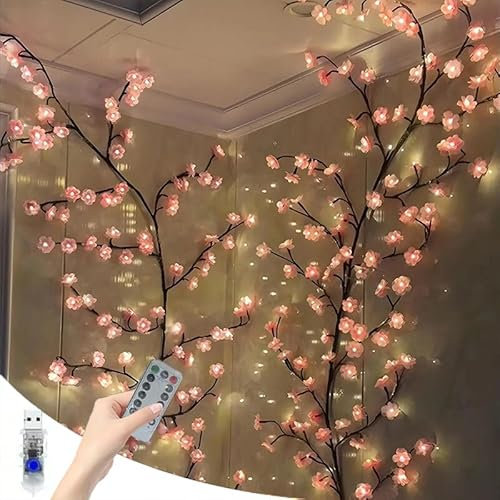 Starnearby Kirschblüten Lichterkette Willow Vine für Zimmer Wand Deko 8 Modi 1.8M 96LEDs Lichterzweige mit Fernbedienung und Timer für Schlafzimmer Deko Lichterkette Innen Weinachtsdekorationen