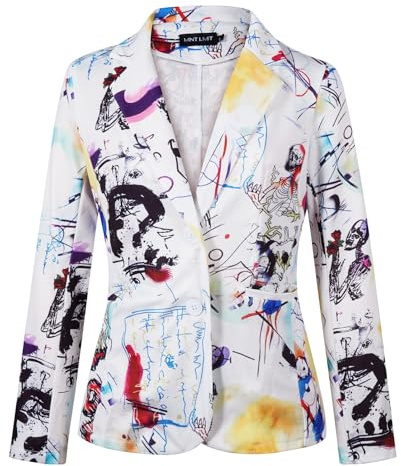 MINTLIMIT Women's Long Sleeve Blazer Art Print 2 Button Welted Pockets Graphic Colorful White Graffiti for Office or Parties (White Graffiti M)