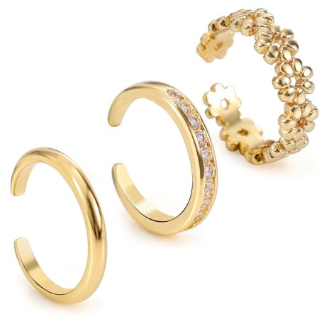 Mikovivi 3pcs Gold Toe Rings, Open Adjustable Copper Toe Ring Set Flower Diamond Plain Foot Ring Summer Beach Foot Jewelry for Women