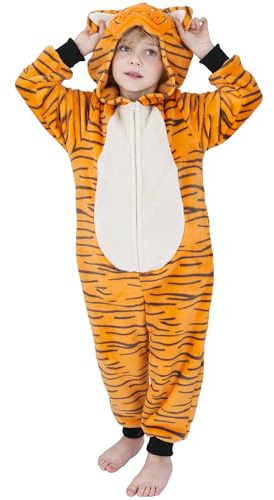 Wizland Kids Flannel Animal Onesie Costumes, Boys and Girls, 3-14 yrs | Flannel Material,Ultra Soft,One-Piece Hooded,Tiger Cheetah Black Cat Daily Fancy Dress,Perfect for Halloween Carnival