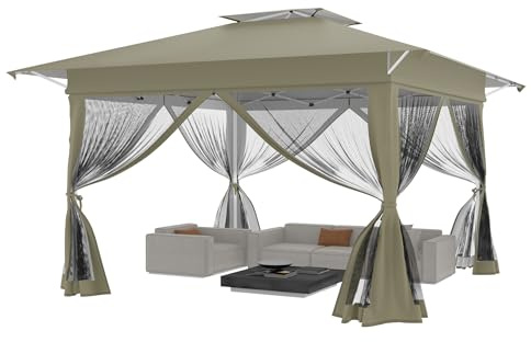 YRHome Khaki Paviljong 4 x 4 m trädgårdstält stabil vattentät och vintersäker vikbar paviljong dubbeltak 4 myggnät UV-skydd höjdjusterbar 210D oxfordtyg inkl. bärväska för trädgård
