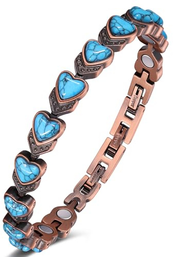 Jeracol Pure Copper Bracelets for Women, Ultra Strength Magnetic Bracelet with 3800 Gauss Magnets & Natural Turquoise & Stones, Adjustable, Jewelry Gift