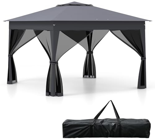 COSTWAY Carpa Plegable 3,37x3,37m, Cenador para Jardin con Laterales de Malla, Pergolas Pop up, Doble Techo, Bolsa de Transporte, Pabellón Jardin Camping Fiesta (Gris)