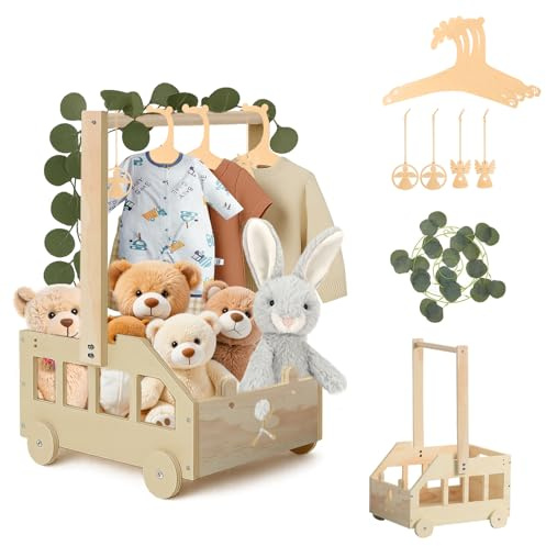 Yunlaishaocer trä baby presentkorg med handtag, babykorg nyfödd med gröna klätterväxtgrenar, skötkorg, barndusch trälåda, graviditetspresenter för nya föräldrar (björndesign)