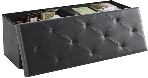 DUMOS 43 Inches Foldable Storage Ottoman Bench, Foot Rest Stool, Synthetic Leather Storage Chest with Thicker Foam Padded Seat for Entryway Living Room, Modern Black