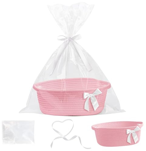 Yiomxhi Cesto Regalo Vuoto con Sacchetto in Cellophane e Nastro, Cestini Portaoggetti Intrecciata con Manici, Scatola Contenitore per Baby Shower Matrimoni Compleanni Natale (Rosa)