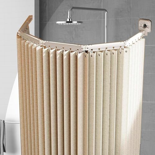 IDAMAKON Cortina de ducha plegable con ventosas, cortina de ducha sin necesidad de taladrar, color crema de 4 pliegues, L/U, ajustable, impermeable y antimoho, incluye barras para ducha esquinera