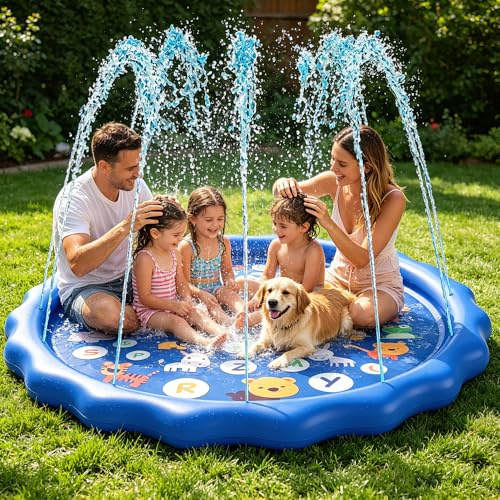 Splash Pad for Kids, 170cm/66.9 in Splash Water Play Mat with Repair Subsidy, Foldable Outdoor Sprinkler Play Mat for Aldult Kids Dogs Summer Garden Outdoor Play, Blue