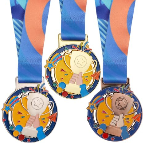 Bigqin 3 Pcs Gold Silver Bronze Award Medals, 1st 2nd 3rd Medals for Kids with Neck Ribbon, Olympic Medals for Competitions, Sports, Talent Shows, Party, Winner Gift, 6.2 x 6.2 cm