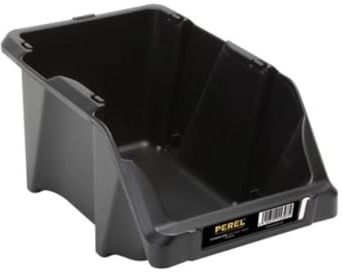 Perel Stapelbarer Sichtlagerkasten aus Kunststoff, Greifbox für Schrauben und Kleinteile, Kleinteilebox mit Etikettenfach für Werkstatt Garage Lager, schwarz, 4 l, 152 x 245 x 122 mm