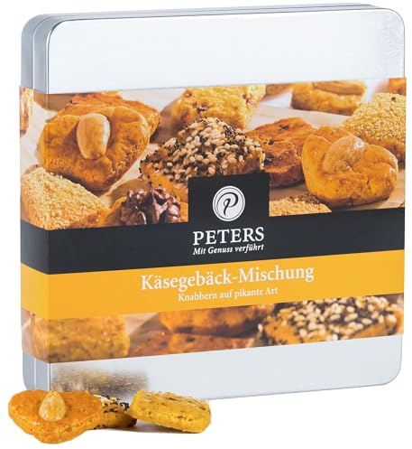 Peters Mit Genuss verführt | Käsegebäck-Mischung | Metallbox | Gebäck | Kekse | Käse | Gouda | Mozzarella | Gebäckmischung | Geschenkidee | Geschenk | Ideal zum Verschenken | Made in Germany | 155g