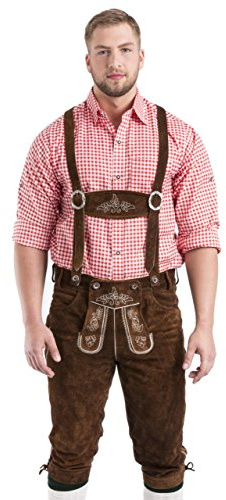 Traditionella lederhosen för män – knäbundna lederhosen i brunt eller mörkbrunt, lederhosen med hängslen, lederhosen, Mellanbrun, 46 SE