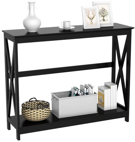 Yaheetech Narrow Black Entryway Console Table, 2-Tier X-Frame Storage Shelf