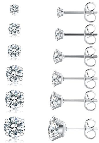 6 Pairs Stud Earrings Set, Hypoallergenic Cubic Zirconia 316L Earrings Stainless Steel CZ Earrings 3-8mm (Steel color)