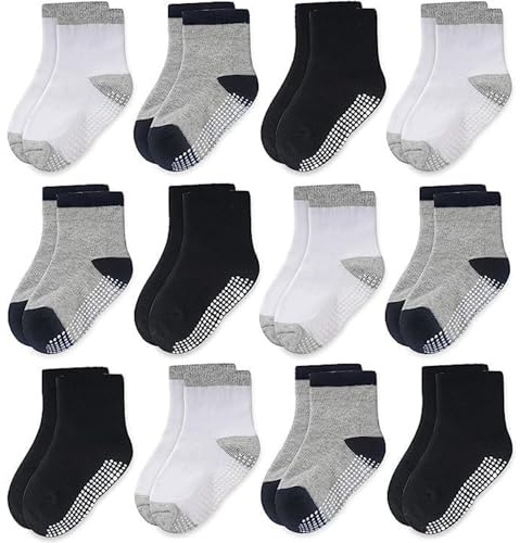 CozyWay Crew di squallidi non slip calzini per bambini, 12 pacchetti per ragazzi, nero/bianco/grigio con tacco nero o grigio, 3-5 anni