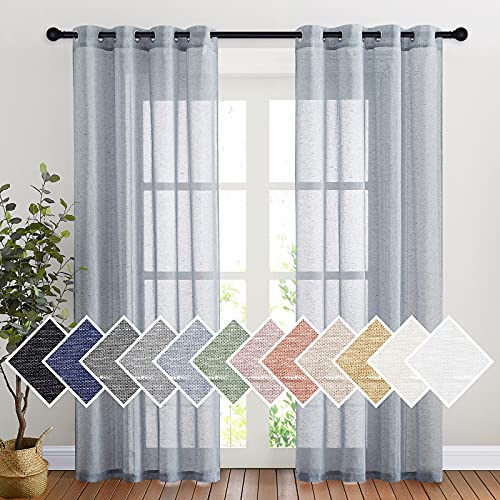 NICETOWN Linen Textured Semi Sheer Curtains 84 inches Length, Eyelet Top Bedroom Window Privacy Translucent Light Filtering Flax Sheer Drapes for Guest Room, 52 inches Wide, 2 Panels, Sea Mist