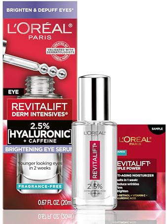 L'Oreal Paris Revitalift Hyaluronic Acid + Caffeine Hydrating Eye Serum for Dark Circles, Fragrance Free .67 fl. oz + Moisturizer Sample