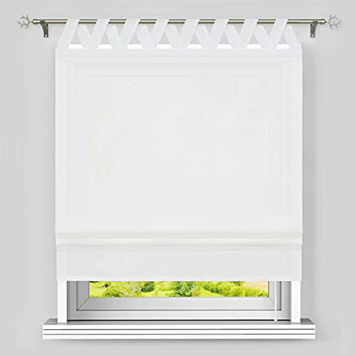 Heichkell Raffrollo mit V-Schlaufen Blickdicht Raffgardine Wohnzimmer Einfarbige Fensterstores Schlaufenrollo Leinen Faltenrollo Verdunklung Weiß BxH 120x140 cm
