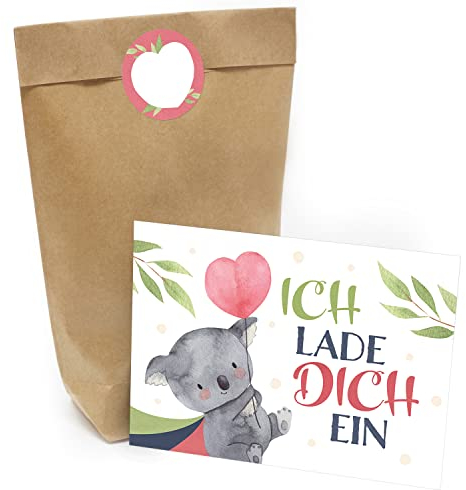 Kindergeburtstag Einladung Set mit je 8 Einladungskarten, Umschlägen, Tüten und Aufkleber - Koala Bär mit Herz