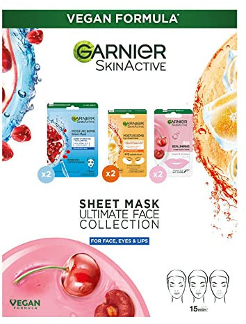 Garnier Sheet Masks Ultimate Face Collection, Set of Sheet Masks for Face, Eyes and Lips, With Natural Plant Extracts, Hyaluronic Acid Serum and Vegan Tissue, SkinActive, 6 Pieces