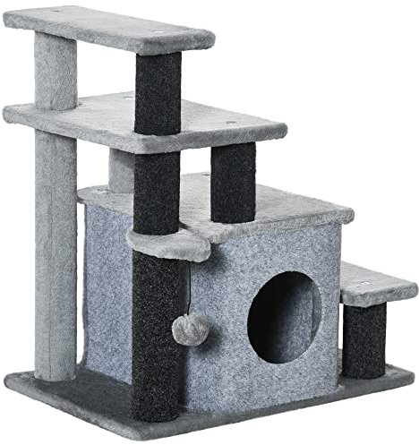 PawHut Dog Steps for Bed, 4 Step Pet Stairs with Cat House, Detachable Cover, Jute Scratching Post, Cat Climb ladder for Sofa w/Hanging Balls - Grey