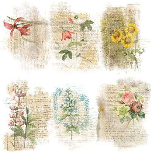 Papel de arroz con superposición de flores, 20,32 x 26,67 cm, 6 imágenes de papel de morera impresas, 30 g/m², fibras visibles para decoupage, manualidades, collage, arte