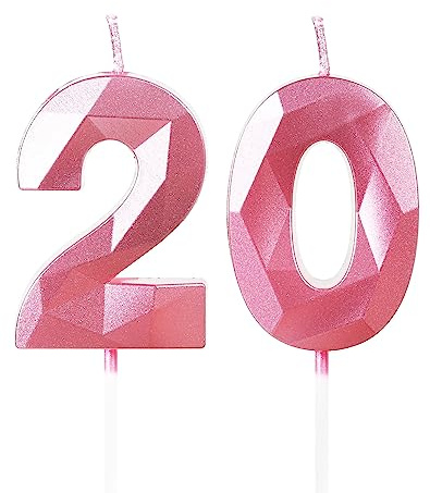 Yiran Pink 20th Birthday Candles, Number 20 Happy Birthday Candles, Pink Cake Topper Decorations for Birthday Party, Wedding Anniversary Celebration Supply for Girls Women