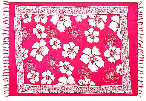 Pareo Sarong Strandtuch Damen - Wickelrock Strand - Handtuch blickdicht als Wickeltuch oder Handtuchkleid und Wickelkleid damen - Handarbeit aus Fair Trade Herstellung Batik Pink Hibiskus Blume