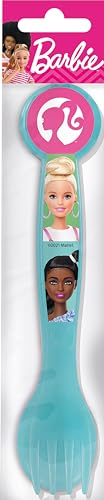 Set 2 posate azzurre per bambine in plastica Barbie cucchiaio e forchetta