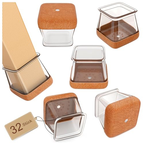 Stuhlbeinkappen Eckig, 32pcs Bodenschoner für Stühle, Schutzkappen für Stuhlbeine mit Filz, Transparent Silikon Stuhlbeinschoner für Hartholzböden.