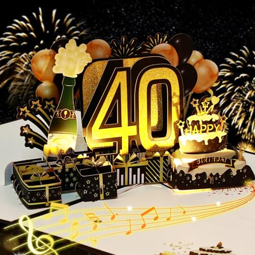 joyoldelf Tarjeta Felicitacion 40 CumpleañOs Pop Up - Con Luces y Música Tarjetas 3D, Regalos Feliz Cumpleaño Hombre NiñA, Incluye Sobre, Ideal Para Padre, Madre, Amigo, Novio, Novia