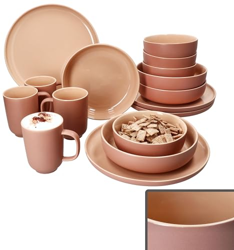 Ritzenhoff & Breker Jasper Puder Service combiné 16 pièces pour 4 personnes I Service de table en faïence avec 4 tasses à café de 250 ml, bols de 360 ml, assiettes creuses et assiettes plates I Petit